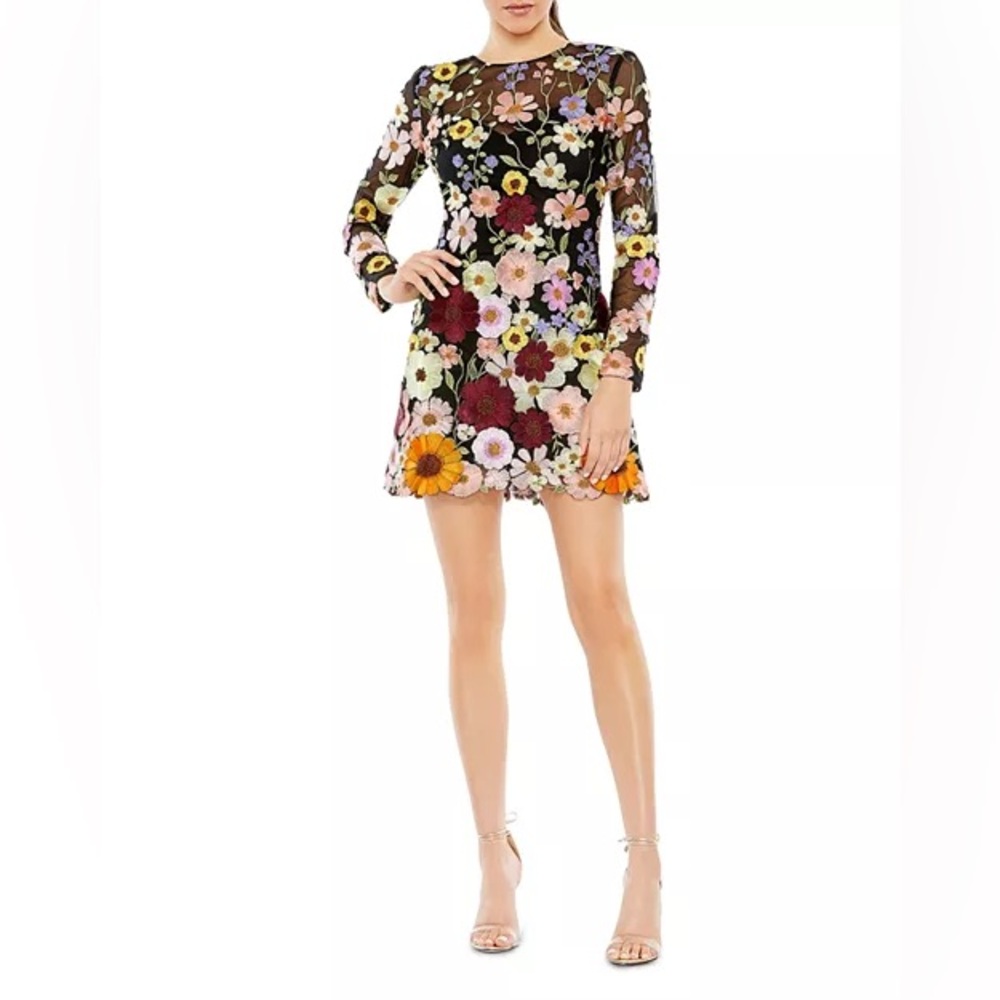 Mac Duggal 68202 , Mac Duggal Floral Embroidered Long Sleeve Mini Dress Sz 2